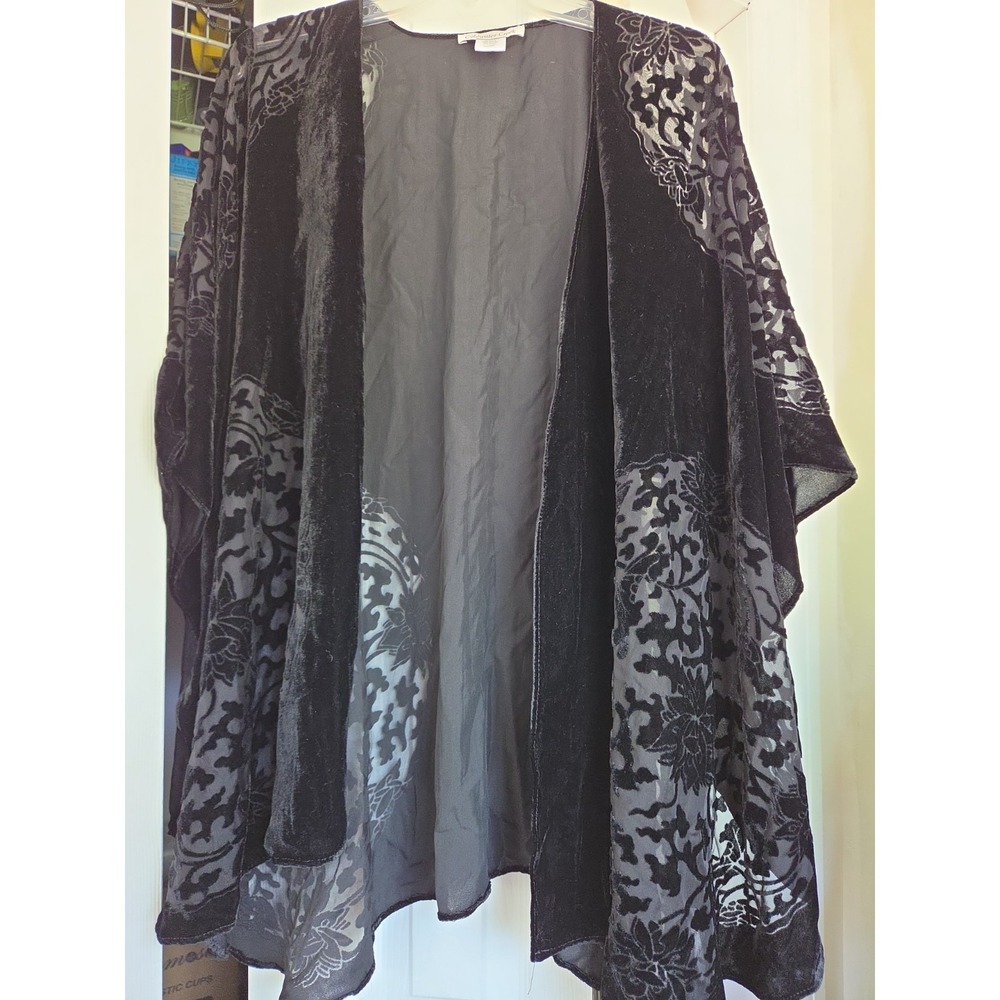 Black Velvet Kimono Shawl Butterflies Floral Burnout Tassel Fringe Wrap OS Goth